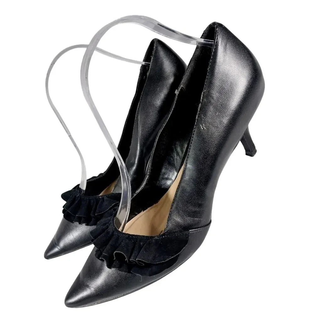 KAARI BLUE! BLACK VEGAN LEATHER & SUEDE RUFFLE FRONT POINTY KITTEN HEELS! 9.5M